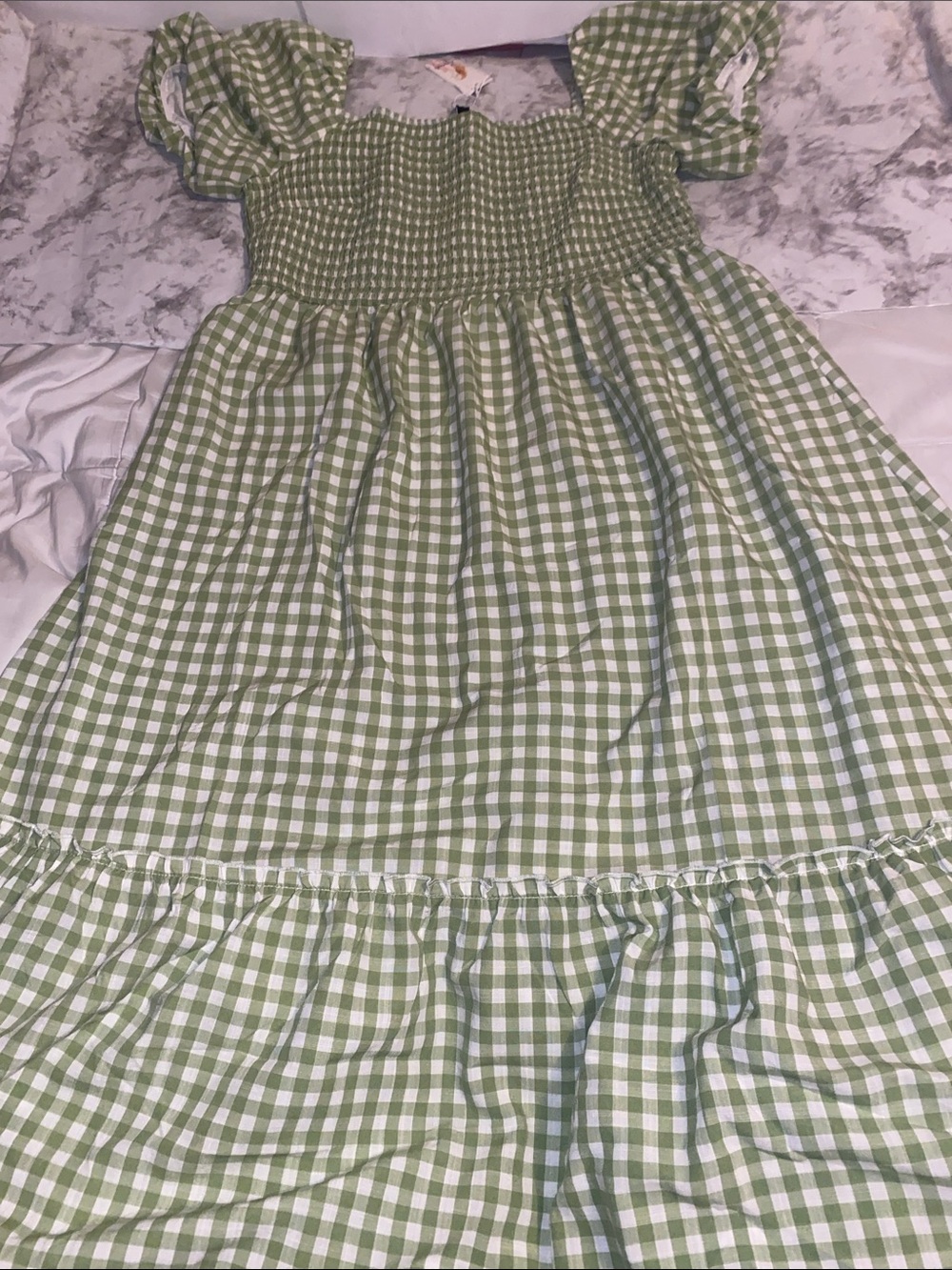 Smocked Gingham Casual Dress in Green